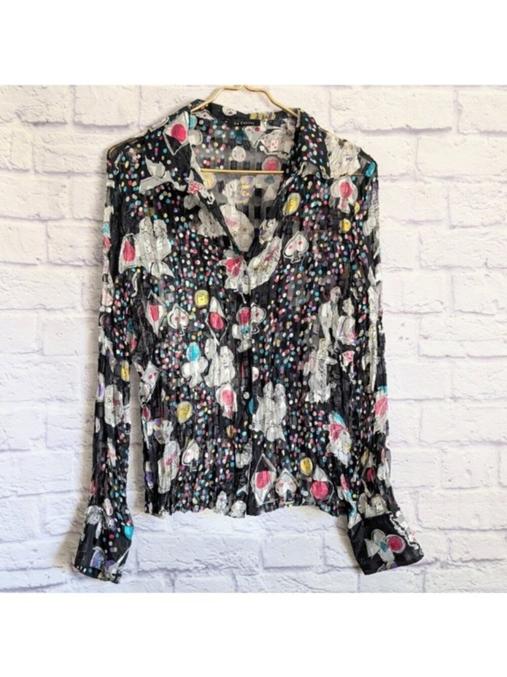 Vintage 80s Le Caviar Sheer Print Blouse XL Black Metallic Pleated Colorful Glam